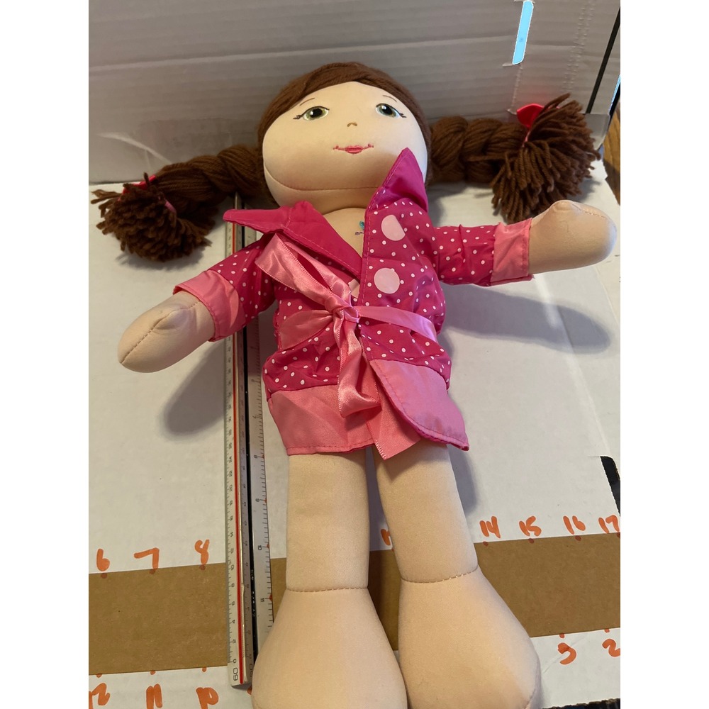 Cracker Barrel Butterflies Rag Doll Plush‎ Brown Braids Pink Polka Dot Robe 15"